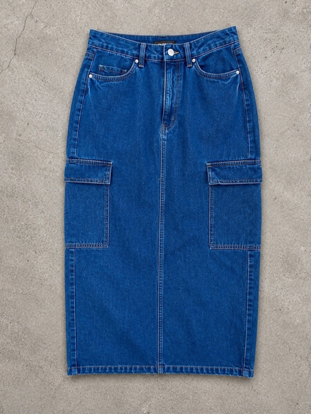 Refuge Denim Cargo Midi Skirt Medium Blue Jean Utility Pockets Y2K Streetwear